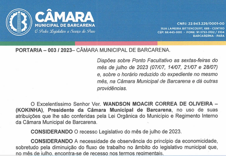 Portaria 003/2023 - Câmara Municipal Barcarena Pa